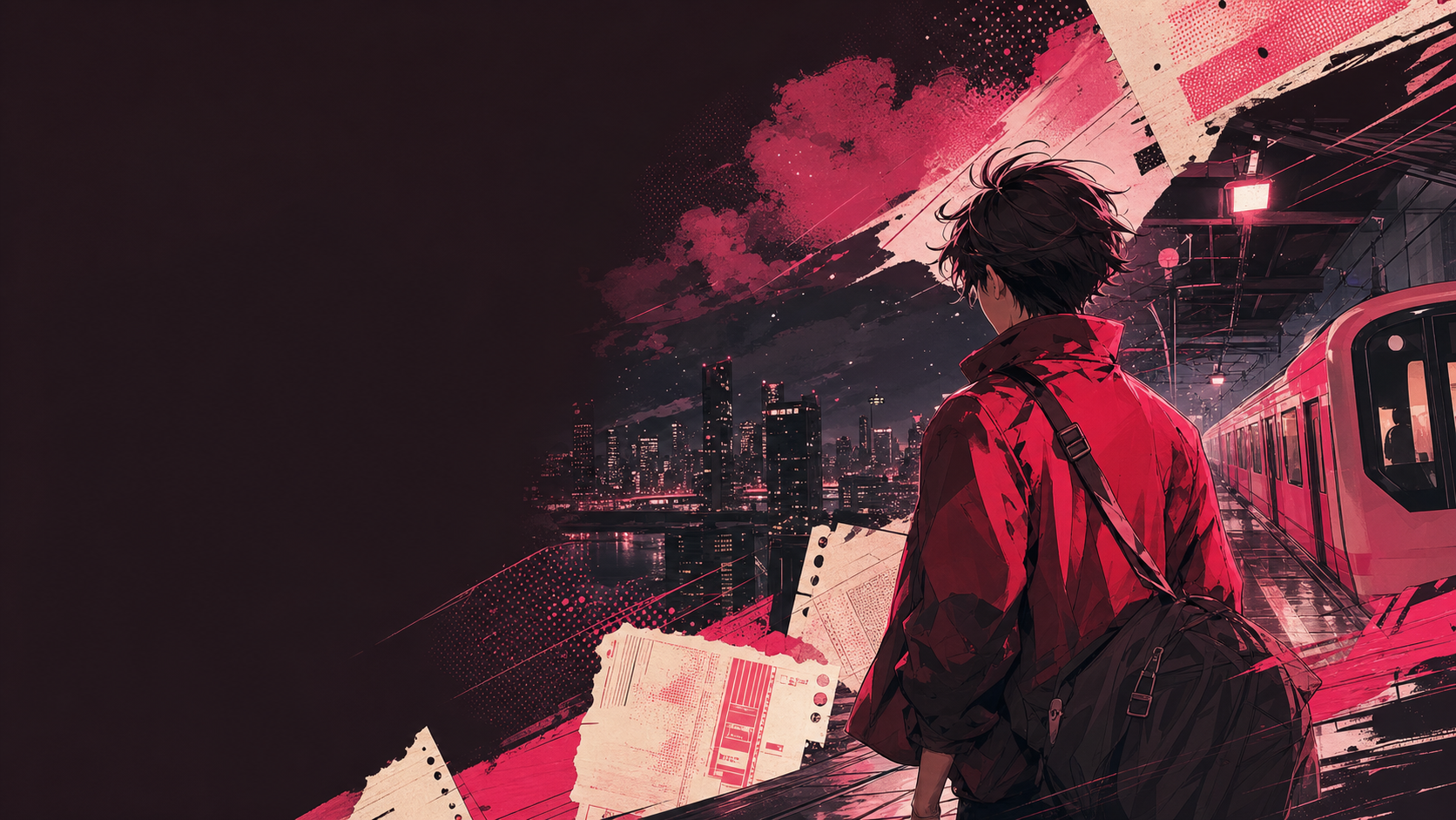 An anime-inspired traveler arriving at a city train platform